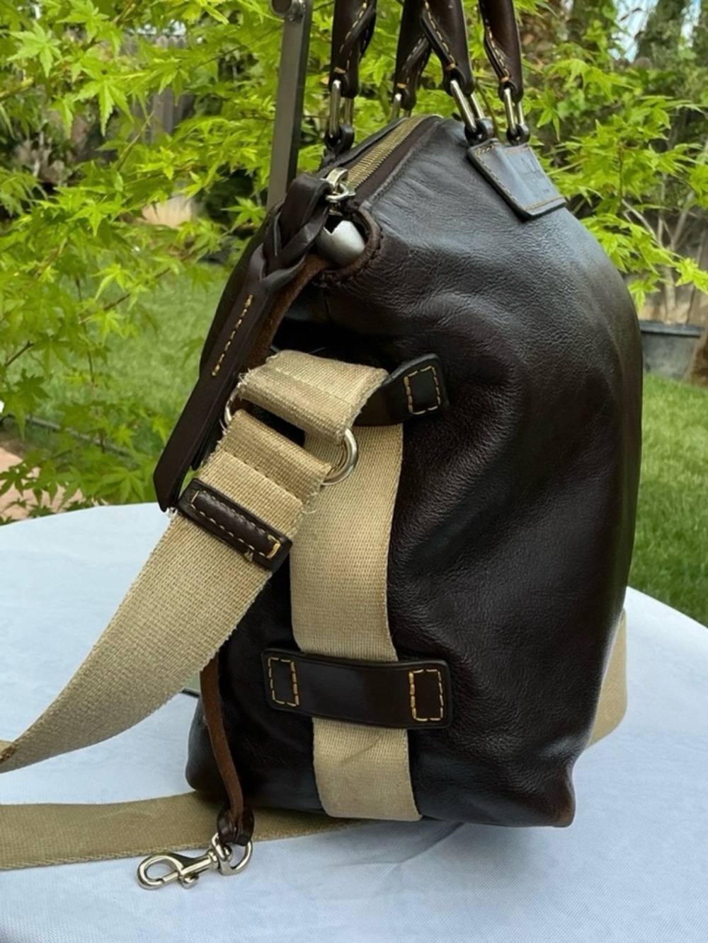 Dooney & Bourke Dark Brown Leather Satchel with Canvas Strap - Picture 6 of 16